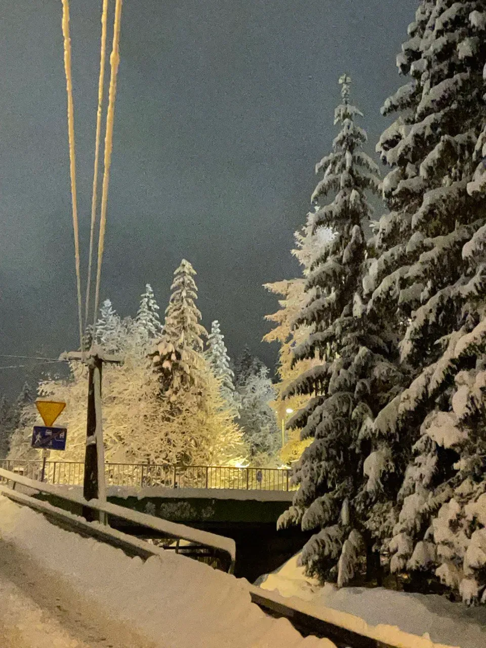 Snowy street at night